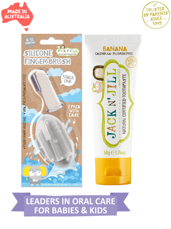 Jack N Jill Bebek Diş Fırçalama Seti (Silikon 2'li Parmak Fırça + Muz Aromalı Diş Macunu 50g)