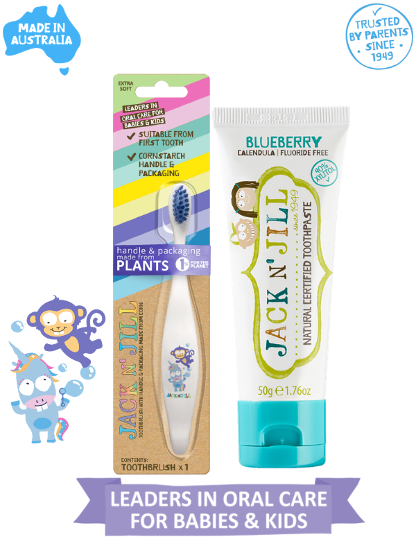 Jack N Jill Doğal Sertifikalı Bebek/Çocuk Diş Seti (Monkey&Unicorn Diş Fırçası + Yaban Mersini Aromalı Diş Macunu 50g)