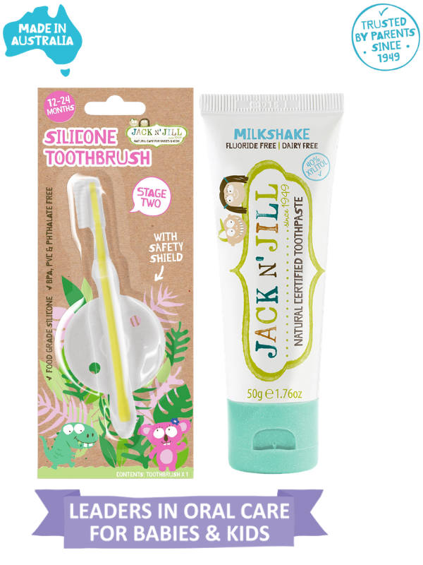 Jack N Jill Doğal Diş Bakım Seti (Silikon Diş Fırçası + Milkshake Aromalı Macun 50g)