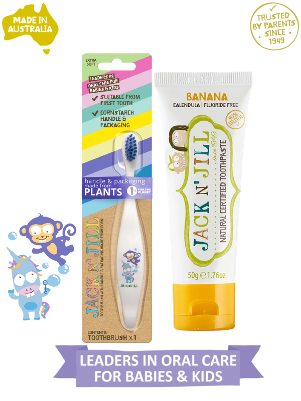 Jack N Jill Bebek/Çocuk Diş Fırçalama Seti (Unicorn&Monkey Diş Fırçası + Muz Aromalı Diş Macunu 50g)