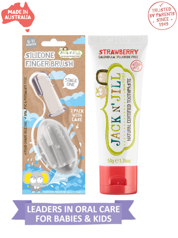 Jack N Jill Bebek/Çocuk Diş Fırçalama Seti (Silikon 2'li Parmak Fırça + Çilek Aromalı Diş Macunu 50g)
