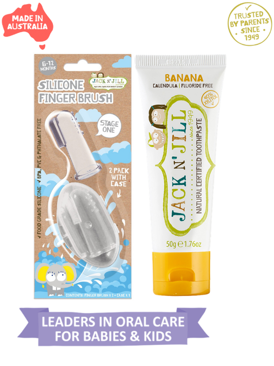 Jack N Jill Bebek Diş Fırçalama Seti (Silikon 2'li Parmak Fırça + Muz Aromalı Diş Macunu 50g)