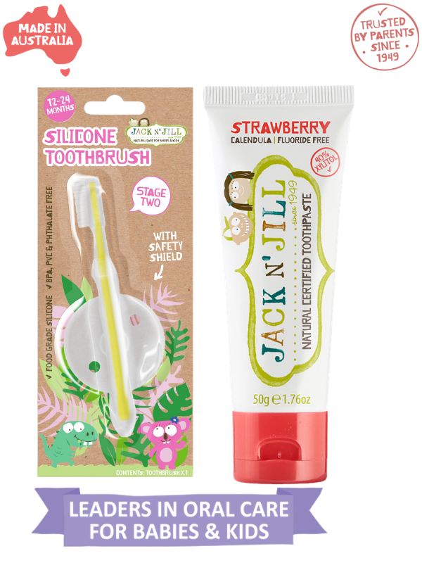 Jack N Jill Bebek Diş Fırçalama Seti (Silikon Diş Fırçası + Çilek Aromalı Macun 50g)