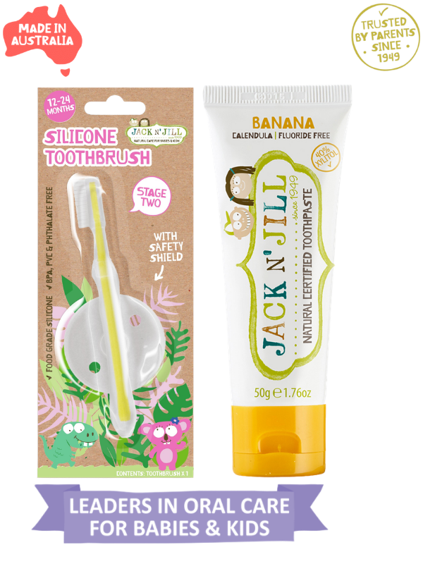 Jack N Jill Bebek Diş Fırçalama Seti (Silikon Diş Fırçası + Muz Aromalı Macun 50g)