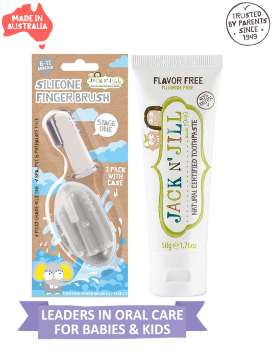 Jack N Jill Bebek Diş Fırçalama Seti (Silikon 2'li Parmak Fırça + Aromasız Diş Macunu 50g)