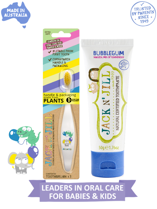 Jack N Jill Doğal Sertifikalı Bebek/Çocuk Diş Seti (Fil&Dino Diş Fırçası + Sakız Aromalı Diş Macunu 50g)