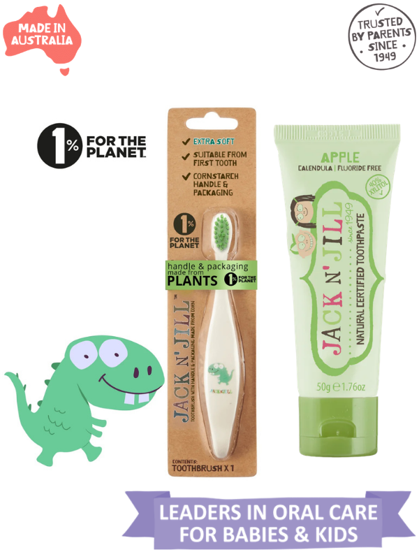 Jack N Jill Doğal Diş Fırçalama Paketi (Dino Diş Fırçası + Elma Aromalı Diş Macunu 50g)