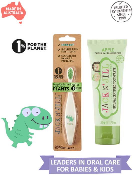 Jack N Jill Doğal Diş Fırçalama Paketi (Dino Diş Fırçası + Elma Aromalı Diş Macunu 50g)
