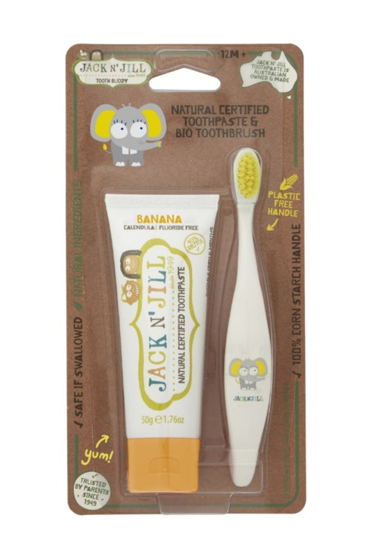 Jack N Jill Bebek/Çocuk Diş Bakım Seti Orj. Bundle (Muz Aromalı Diş Macunu + Fil Diş Fırçası)